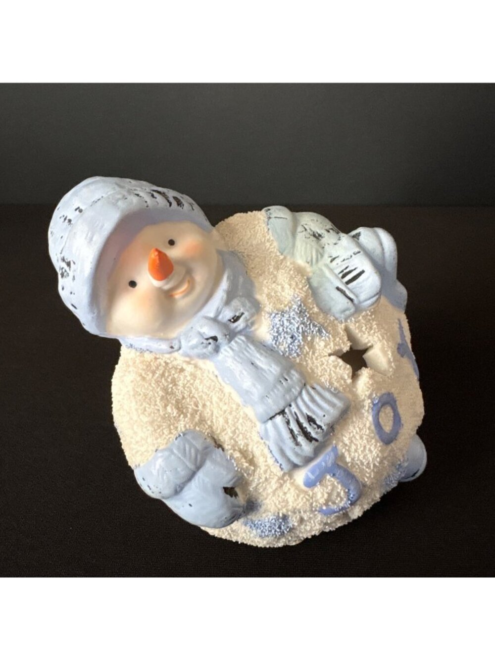 Christmas Snowman Figurine Tea Light Candle Holder Joy Winter Blue White 4" - Picture 3 of 11